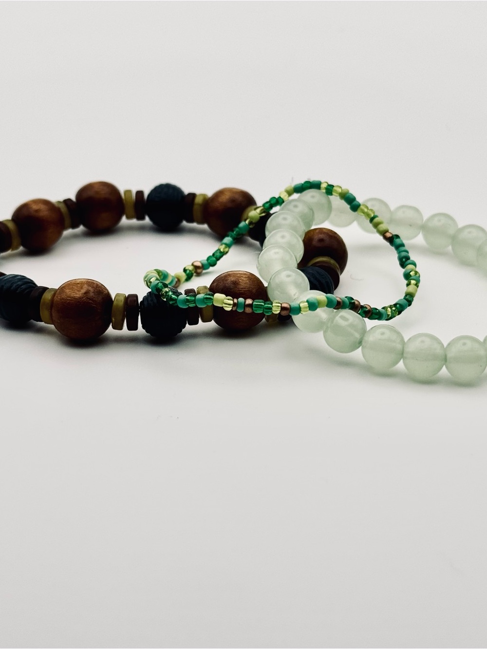 Hand Crafted Green Bead & Wood Accent Bracelet Set